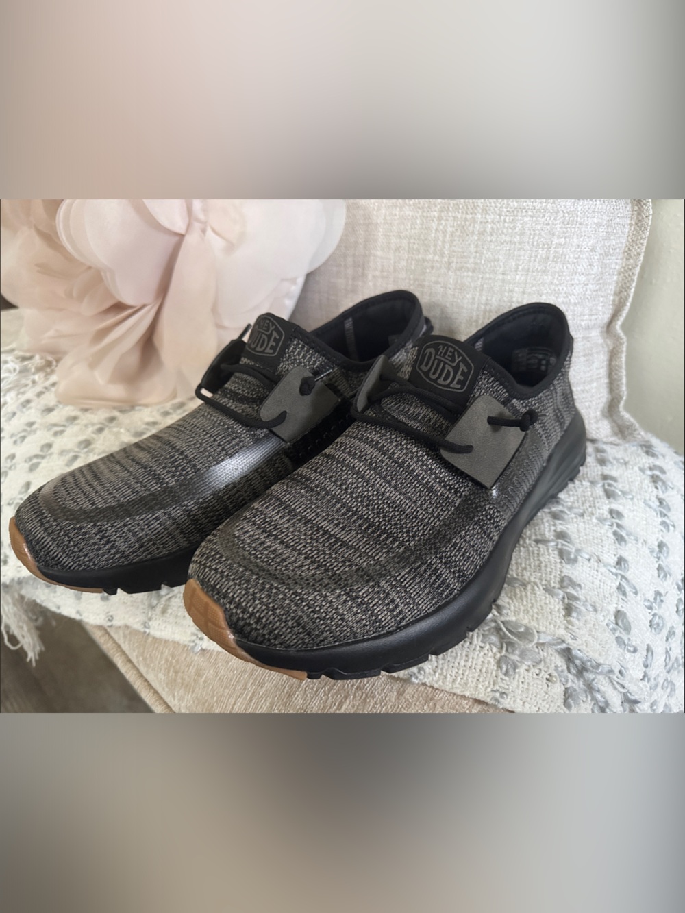 Hey Dude Men’s Slip-On Knit Sneakers in Black and Brown Accent